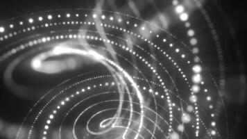 Monochrome abstract visualization of swirling dotted curves in a spiral digital formation video