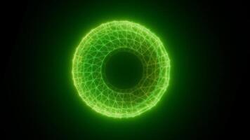 Glowing green circular energy field with radiating concentric patterns, resembling a scientific or futuristic visualization video