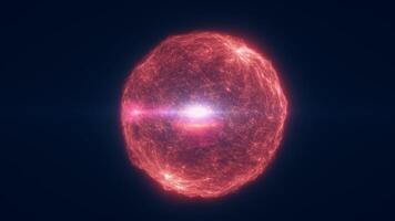 Glowing red digital sphere with radiant core and electric filaments, representing futuristic energy, power, and data in a sci-fi concept video