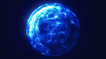 Electric blue glowing sphere formed by dense particles on dark background, symbolizing digital energy or futuristic data flow video