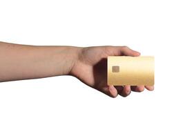 Golden credit or debit card with sleek design and embedded chip, symbolizing secure electronic photo