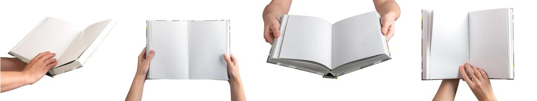 Hand holding an open book with blank pages, symbolizing education and learning. A perfect photo