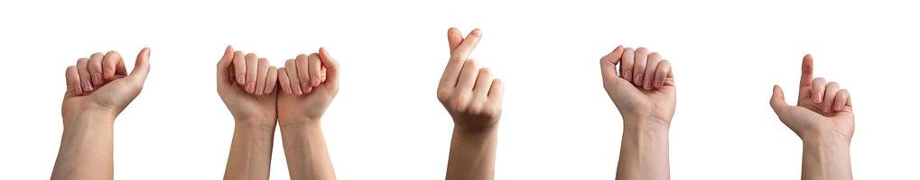 Hand with a neat manicure, making a heart gesture with fingers, symbolizing care and communication. photo