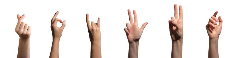 Hand raised with fingers making a heart shape, peace, ok, tapping. Gesture of communication and photo