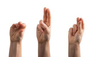 Hand with fingers crossed in a graceful, spiritual gesture, symbolizing faith and devotion. Neat, photo