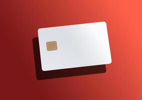 Bank card mockup in levitation, showcasing a credit or debit card with a red background and chip. photo