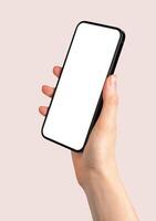 Woman holding smartphone, displaying a blank screen. Using mobile device for communication, browsing photo