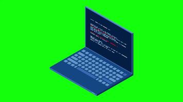 Isometric laptop animation. 3d isometric laptop computer. Abstract programming language and program code on a laptop screen. 4K animated in isometric. video