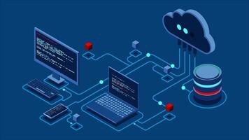 Cloud technology computing animation. Modern cloud technology. Data center isometric concept. Isometric cloud technology with datacenter. Web hosting concept. 4K animated. video