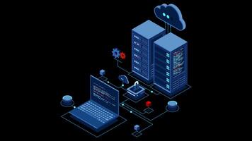 Cyber data security. Internet security isometric concept. Server room connected with laptop through protected hub. 4K seamless loop animation. Transparent background with alpha channel. video