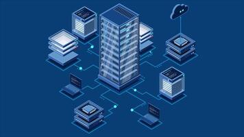 Isometric computer technology animation. Computation of big data center. Cloud computing. Online devices upload and download information. 4K animated, video