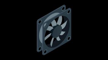 Isometric computer fan animation. Computer fan cooler. Isometric of PC case fan. Computer hardware components. Transparent background with alpha, video