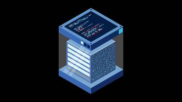 Isometric futuristic server animation. Isometric database. Abstract blockchain. Computer storage. Cloud storage. Transparent background with alpha channel. video