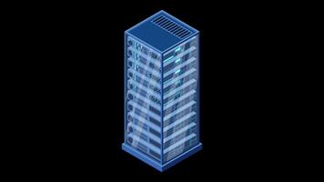 Isometric server animation. Network server room. 3D computer equipment. Storage database. Isometric technology. Transparent background with alpha, video