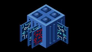 Isometric futuristic server animation. Isometric database. Abstract blockchain. Computer storage. Cloud storage. Transparent background with alpha channel video