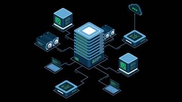 Isometric computer technology animation. Computation of big data center. Cloud computing. Online devices upload and download information. Transparent background with alpha video