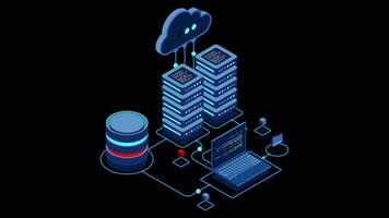 Cloud technology computing animation. Modern cloud technology. Data center isometric concept. Isometric cloud technology with datacenter. Web hosting concept. Transparent background with alpha, video