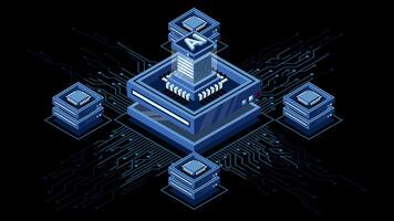 Isometric artificial intelligence chip animation. Artificial Intelligence concept. Futuristic microchip processor. Motion graphic. Transparent background with alpha video