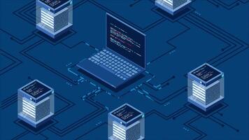 Abstract isometric high technology animation. Cloud storage isometric illustration. Big data center with server. Server room. 4K animated in isometric style. video