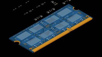 Isometric random access memory animation. RAM memory realistic 3d isometric. Computer hardware components. Transparent background with alpha, video