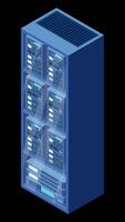 Isometric server animation. Network server room. 3D computer equipment. Storage database. Isometric technology. Transparent background video