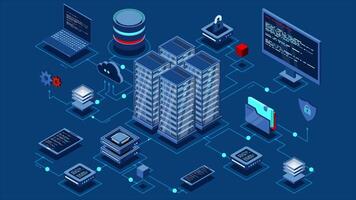 Isometric computer technology animation. Computation of big data center. Cloud computing. Online devices upload and download information. 4K animated. video