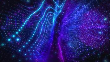 Colorful high-tech background with glowing particles, swirling surface of dots forming complex spiral structure with wave energy. Sci-fi digital space with cyber waves. Abstract background. video
