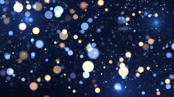 Abstract animation concept of gold and blue particles stars and dust for birthday and holiday celebration. 4k bokeh effect background with light particles on dark background. Animated frames video