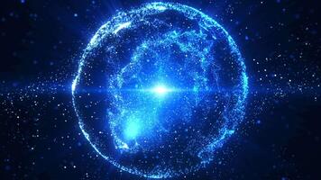 Dark blue energy sphere created from glowing liquid particles and magic plasma on dark background. abstract atomic science background. Wave magic ball glitter particles video