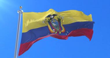 Flag of the Republic of Ecuador waving at wind with blue sky loop video