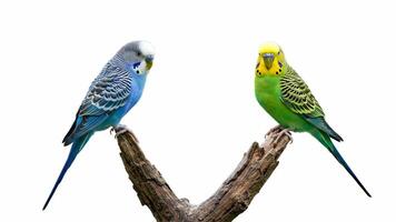 Two Parakeets Perching on Branch with Colorful Plumage on Isolated Background video