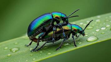 Mating Pair of Colorful Leaf Beetles on Leaf Surface with Water Droplets video
