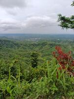Lush Green Hilltop Panorama Stunning View of Distant Village and Rolling Hills under a Cloudy photo
