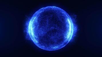 Dark blue shimmering energy sphere made of glowing liquid particles and magic plasma on dark background. abstract atomic science background, seamless loop video