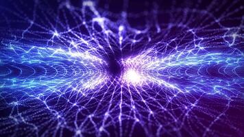 Abstract colorful digital dynamic particle waves with motion light background, data flow, cyber technology. 3d rendering. Seamless loop video