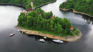 Aerial view of castle Zvikov following boat on Vltava and Otava rivers confluence in May 2025 in Czechia video