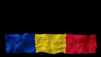 Stylized flag of Romania waving in the wind, isolated on transparent background, with alpha channel. Animated footer. Suitable for patriotic themes or national event promotions. Motion graphic. video