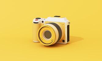 Minimal close-up 3D rendering of a compact digital camera on a clean yellow backdrop. Ideal for tech and product themes. 3d rendering. photo