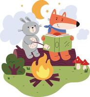 Fox and Rabbit Campfire Scene vector