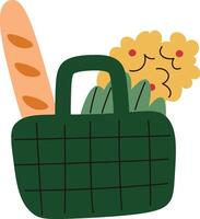Grocery Basket with Bread and Flowers vector