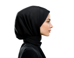 Elegant woman in black hijab with side profile view for fashion design png