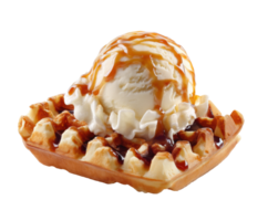 Delicious dessert with waffle and ice cream topped with caramel sauce png