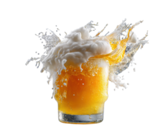 Refreshing splash of golden beverage in clear glass png