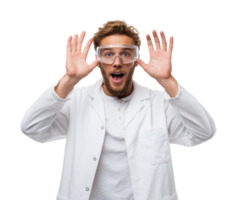 Exciting scientist expressing joy in laboratory setting with goggles png