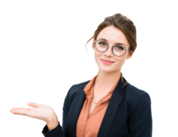 Professional woman presenting with a confident smile and glasses png