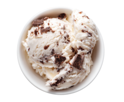 Delightful vanilla ice cream with chocolate chunks in a bowl png