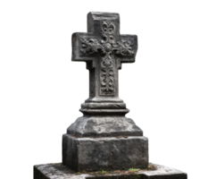 Ancient stone cross with intricate carvings in a graveyard setting png