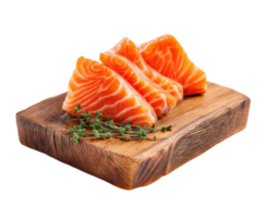 Fresh salmon fillets on a wooden cutting board with herbs png