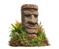Moai statue surrounded by tropical flowers in a serene garden setting png