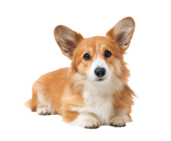 Corgi dog resting with expressive eyes and fluffy coat in playful pose png